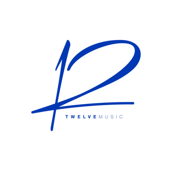 A blue and white logo for twelve music.